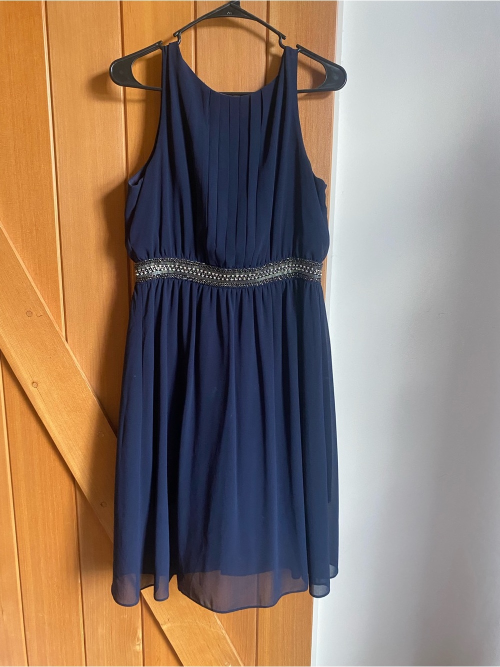 Ya Los Angeles Navy Pleated Chiffon Mini Dress with Beaded Waist